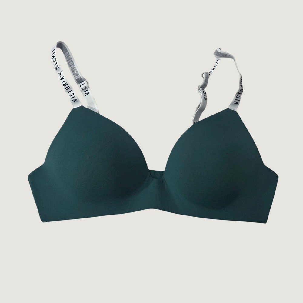 Victorias Secret Wireless T-Shirt Bra Forest Green Logo Straps 36B